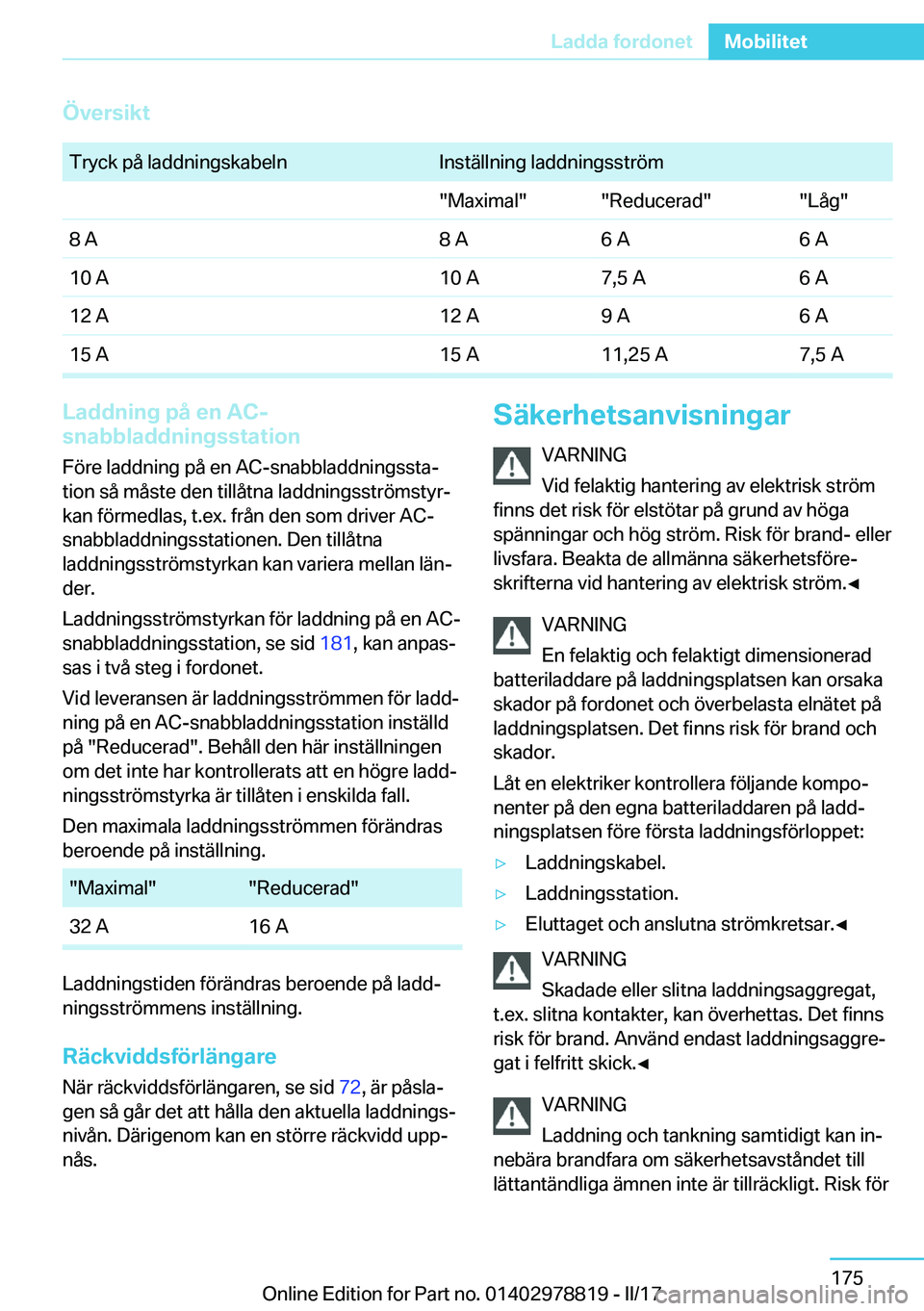 BMW I3 2017  InstruktionsbÖcker (in Swedish) �