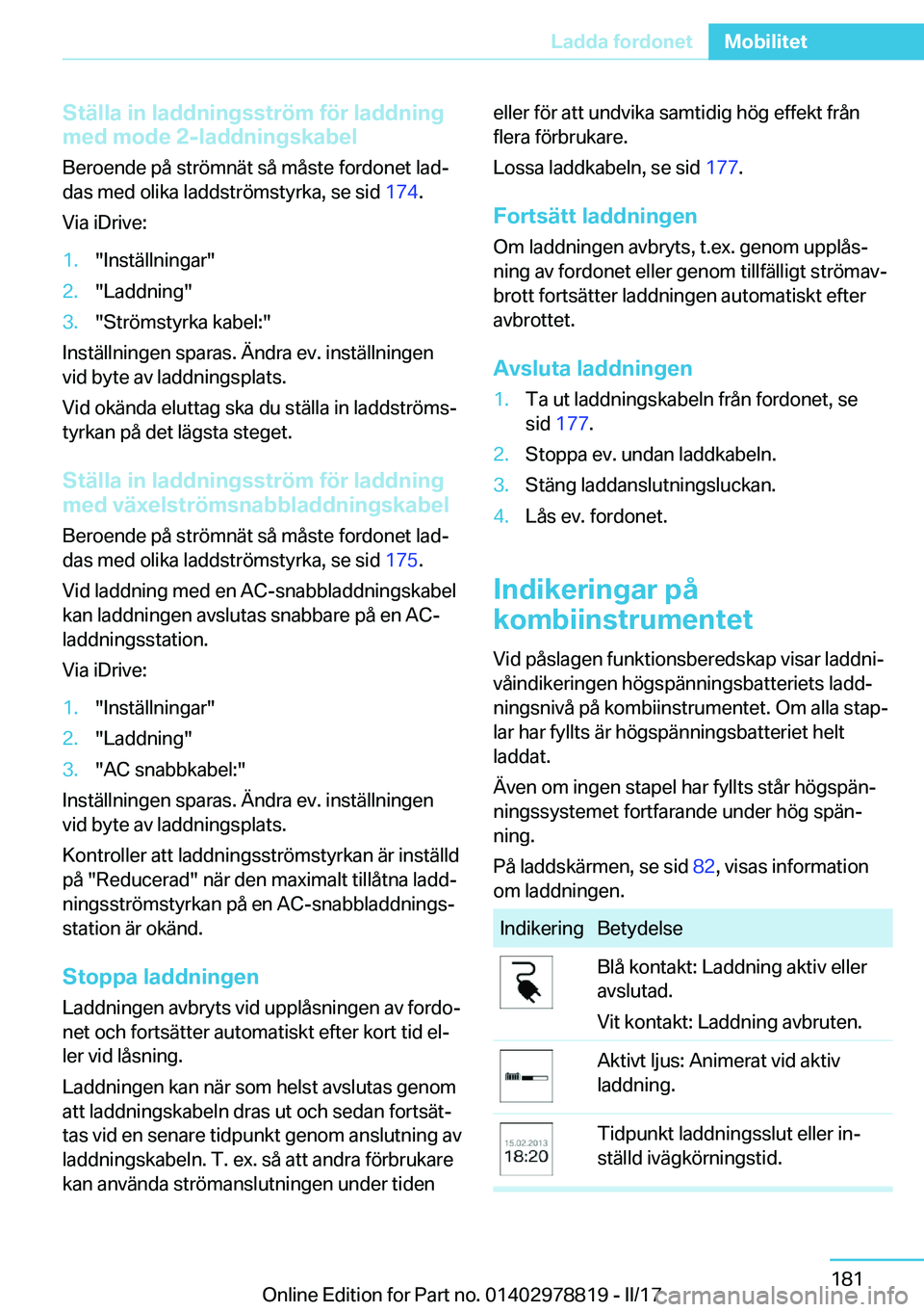 BMW I3 2017  InstruktionsbÖcker (in Swedish) �S�t�ä�l�l�a��i�n��l�a�d�d�n�i�n�g�s�s�t�r�