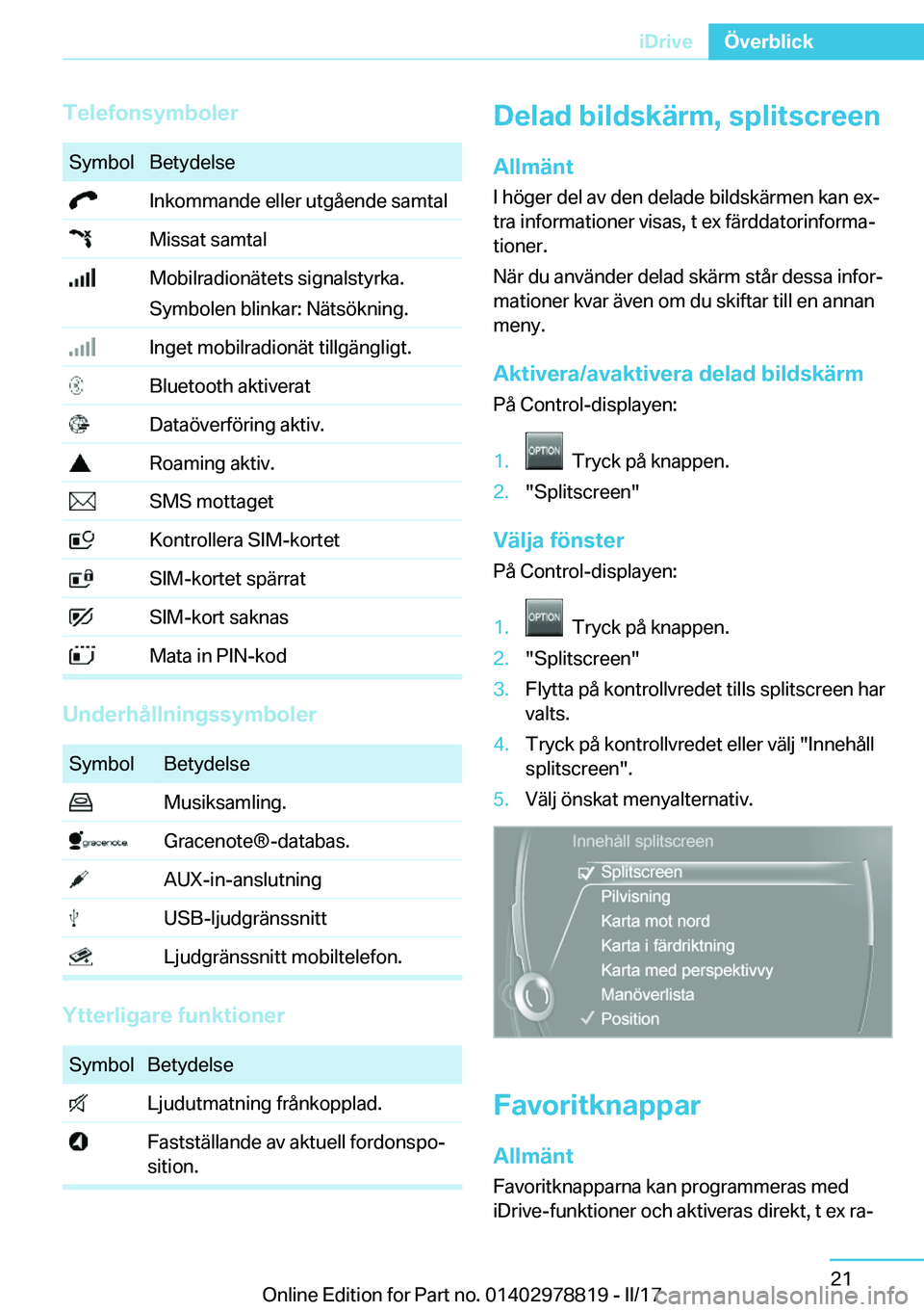 BMW I3 2017  InstruktionsbÖcker (in Swedish) �T�e�l�e�f�o�n�s�y�m�b�o�l�e�r�S�y�m�b�o�l�B�e�t�y�d�e�l�s�e� �I�n�k�o�m�m�a�n�d�e� �e�l�l�e�r� �u�t�g�å�e�n�d�e� �s�a�m�t�a�l� �M�i�s�s�a�t� �s�a�m�t�a�l� �M�o�b�i�l�r�a�d�i�o�n�ä�t�e�t�s� �s�i�g�n