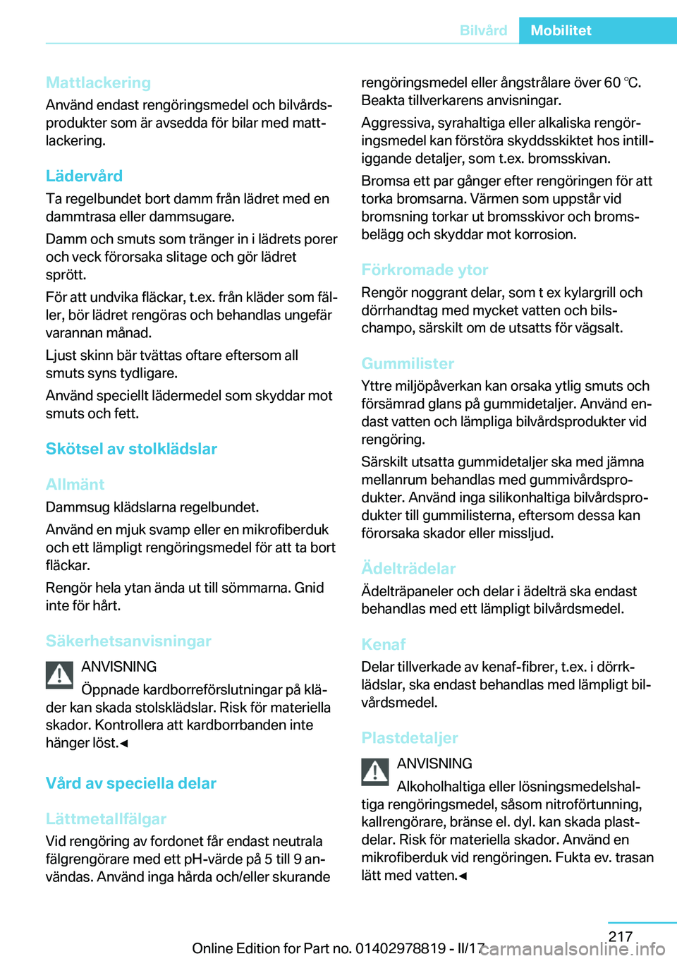 BMW I3 2017  InstruktionsbÖcker (in Swedish) �M�a�t�t�l�a�c�k�e�r�i�n�g�A�n�v�ä�n�d� �e�n�d�a�s�t� �r�e�n�g�
