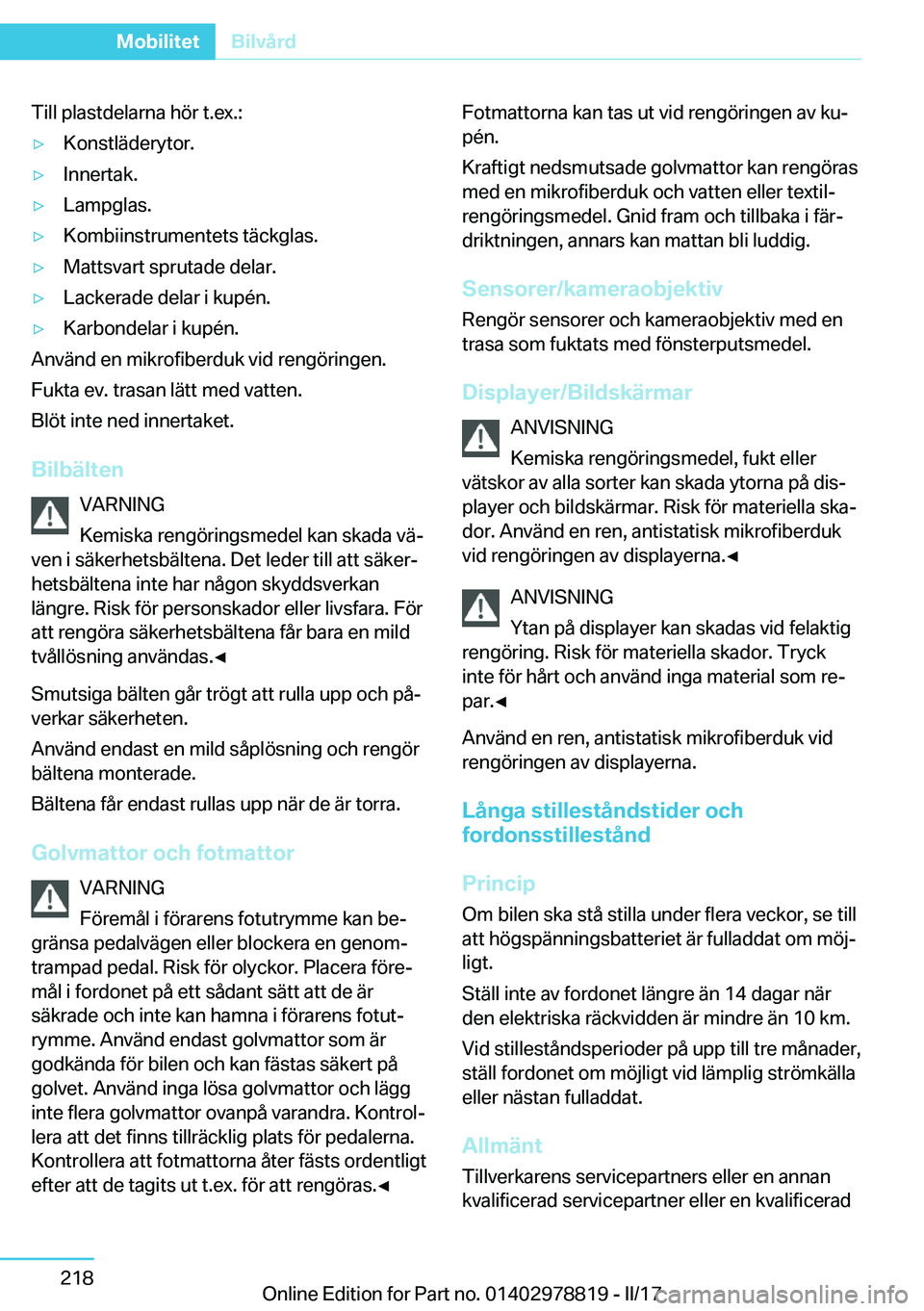 BMW I3 2017  InstruktionsbÖcker (in Swedish) �T�i�l�l� �p�l�a�s�t�d�e�l�a�r�n�a� �h�
