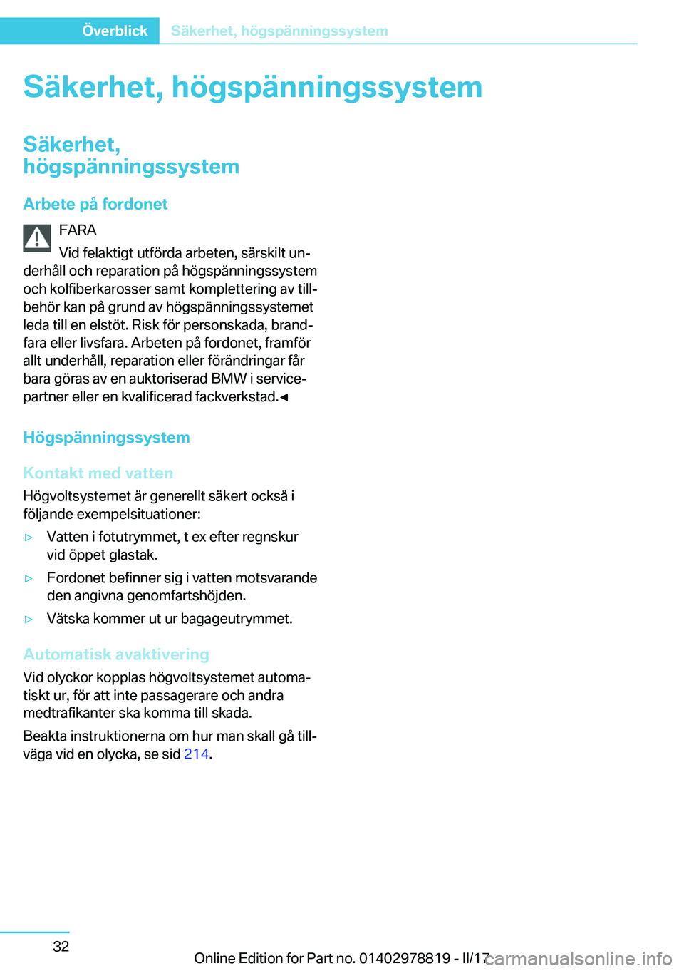 BMW I3 2017  InstruktionsbÖcker (in Swedish) �S�ä�k�e�r�h�e�t�,��h�