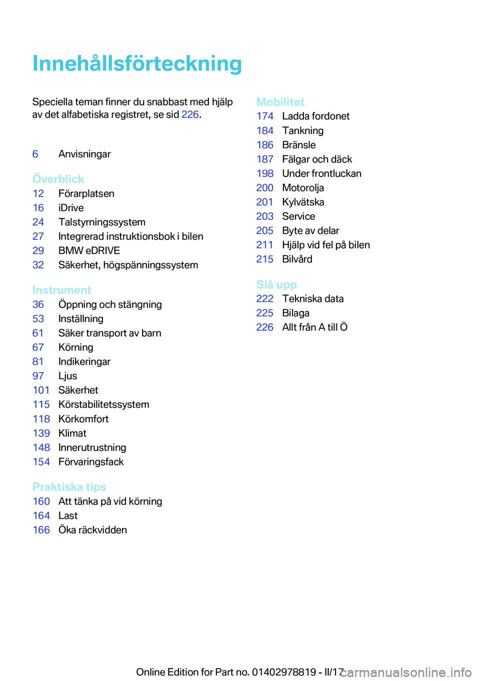 BMW I3 2017  InstruktionsbÖcker (in Swedish) �I�n�n�e�h�å�l�l�s�f�