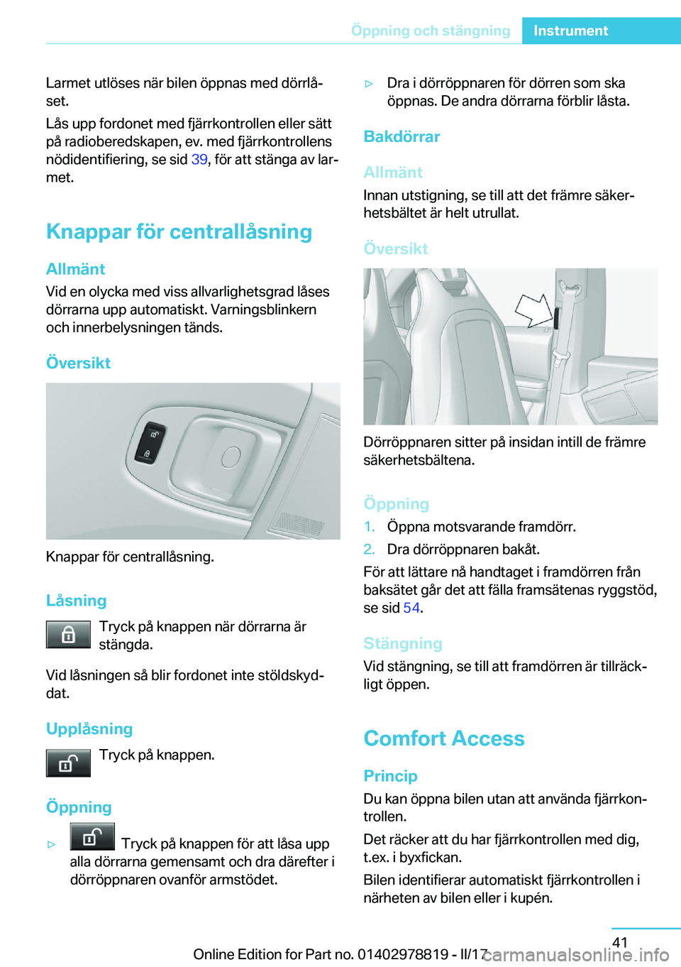 BMW I3 2017  InstruktionsbÖcker (in Swedish) �L�a�r�m�e�t� �u�t�l�