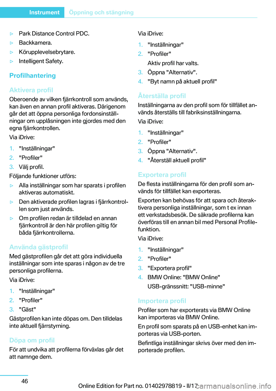 BMW I3 2017  InstruktionsbÖcker (in Swedish) 'y�P�a�r�k� �D�i�s�t�a�n�c�e� �C�o�n�t�r�o�l� �P�D�C�.'y�B�a�c�k�k�a�m�e�r�a�.'y�K�