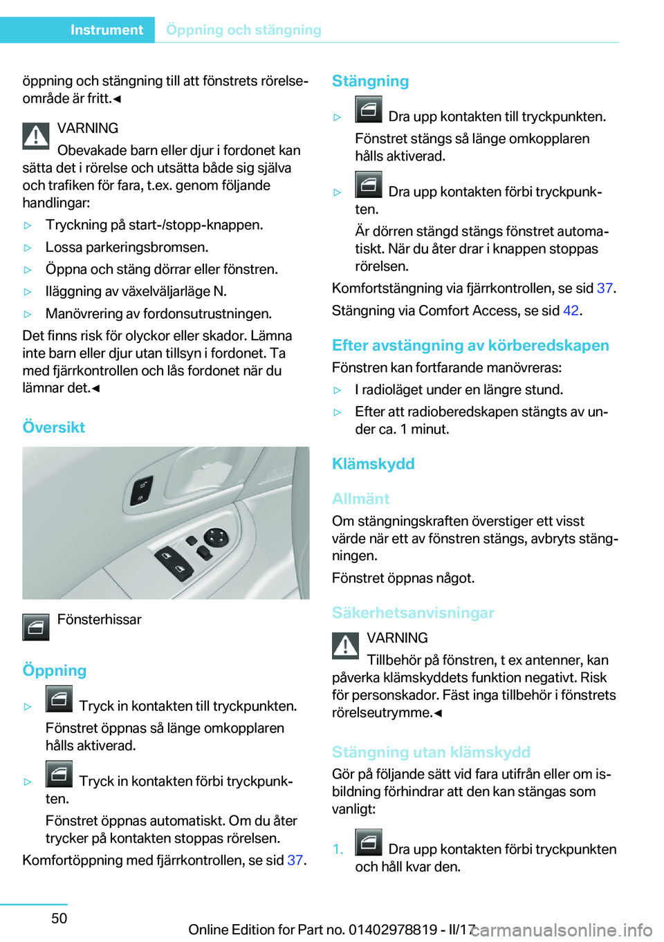 BMW I3 2017  InstruktionsbÖcker (in Swedish) �