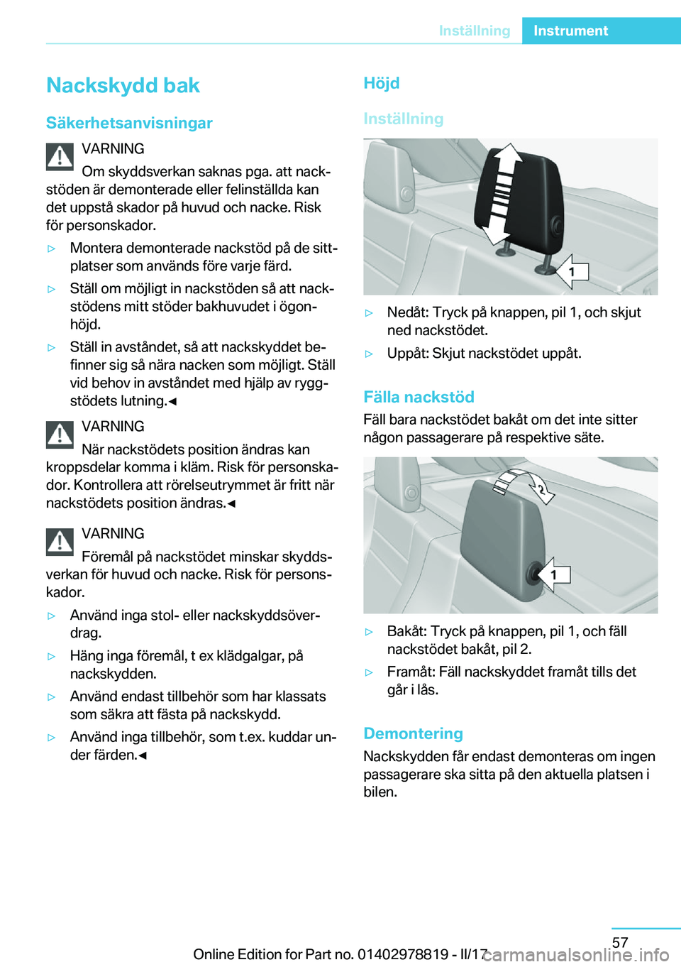 BMW I3 2017  InstruktionsbÖcker (in Swedish) �N�a�c�k�s�k�y�d�d��b�a�k
�S�ä�k�e�r�h�e�t�s�a�n�v�i�s�n�i�n�g�a�r �V�A�R�N�I�N�G
�O�m� �s�k�y�d�d�s�v�e�r�k�a�n� �s�a�k�n�a�s� �p�g�a�.� �a�t�t� �n�a�c�kj
�s�t�