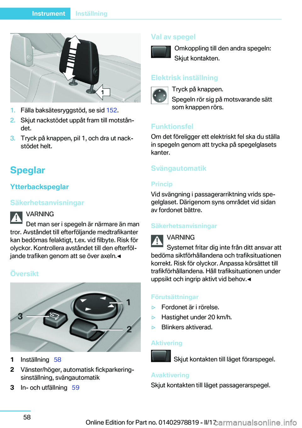 BMW I3 2017  InstruktionsbÖcker (in Swedish) �1�.�F�ä�l�l�a� �b�a�k�s�ä�t�e�s�r�y�g�g�s�t�