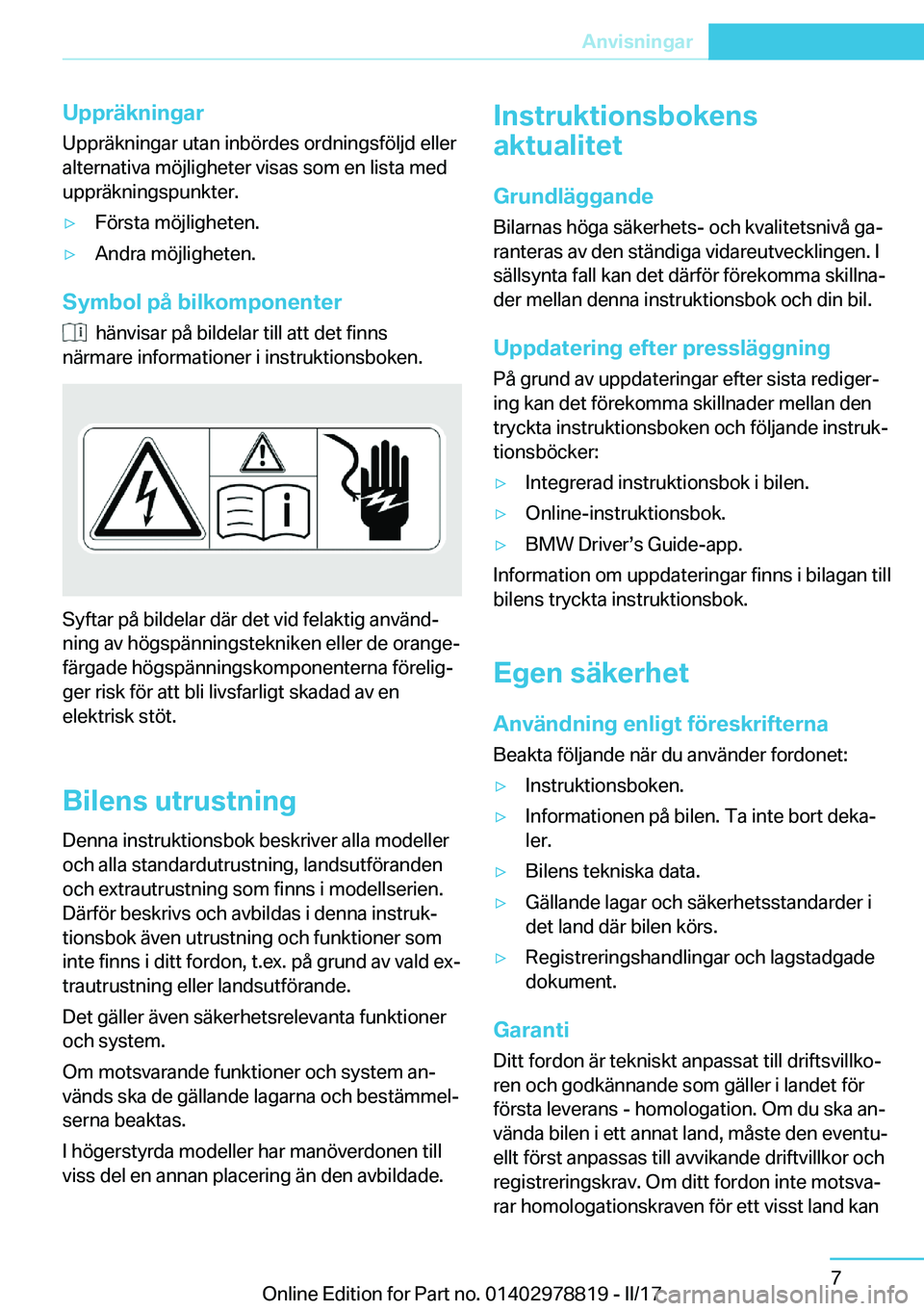 BMW I3 2017  InstruktionsbÖcker (in Swedish) �U�p�p�r�ä�k�n�i�n�g�a�r
�U�p�p�r�ä�k�n�i�n�g�a�r� �u�t�a�n� �i�n�b�