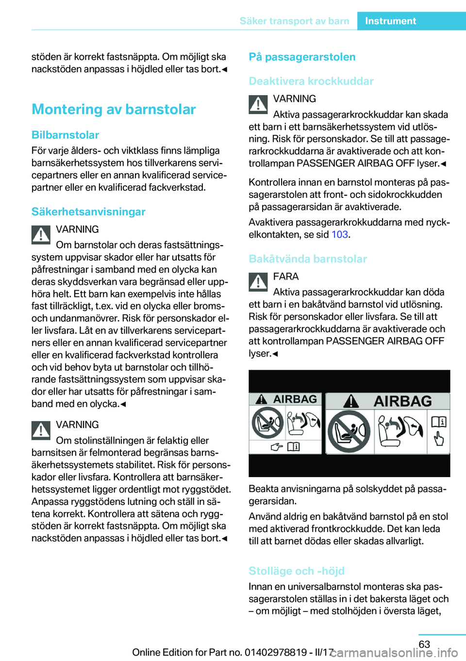 BMW I3 2017  InstruktionsbÖcker (in Swedish) �s�t�