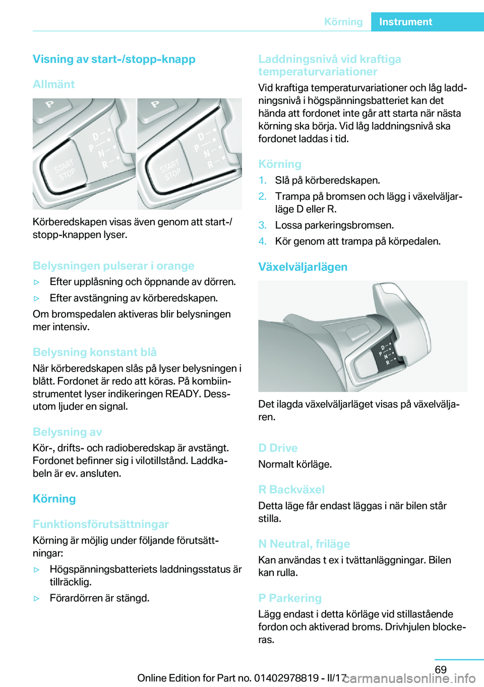 BMW I3 2017  InstruktionsbÖcker (in Swedish) �V�i�s�n�i�n�g��a�v��s�t�a�r�t�-�/�s�t�o�p�p�-�k�n�a�p�p
�A�l�l�m�ä�n�t
�K�