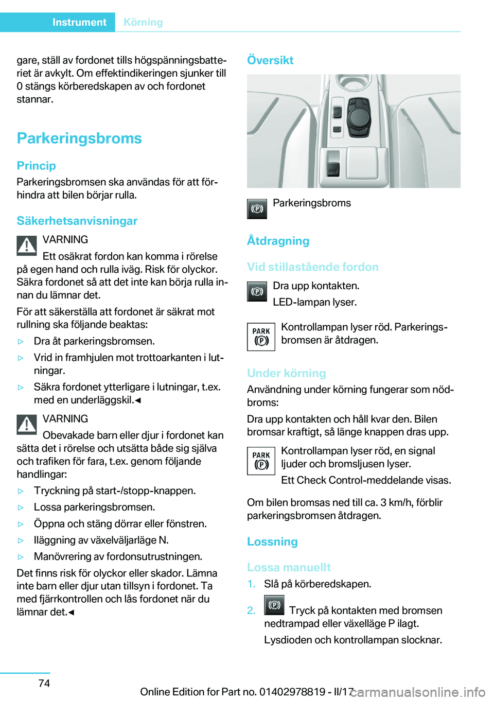 BMW I3 2017  InstruktionsbÖcker (in Swedish) �g�a�r�e�,� �s�t�ä�l�l� �a�v� �f�o�r�d�o�n�e�t� �t�i�l�l�s� �h�