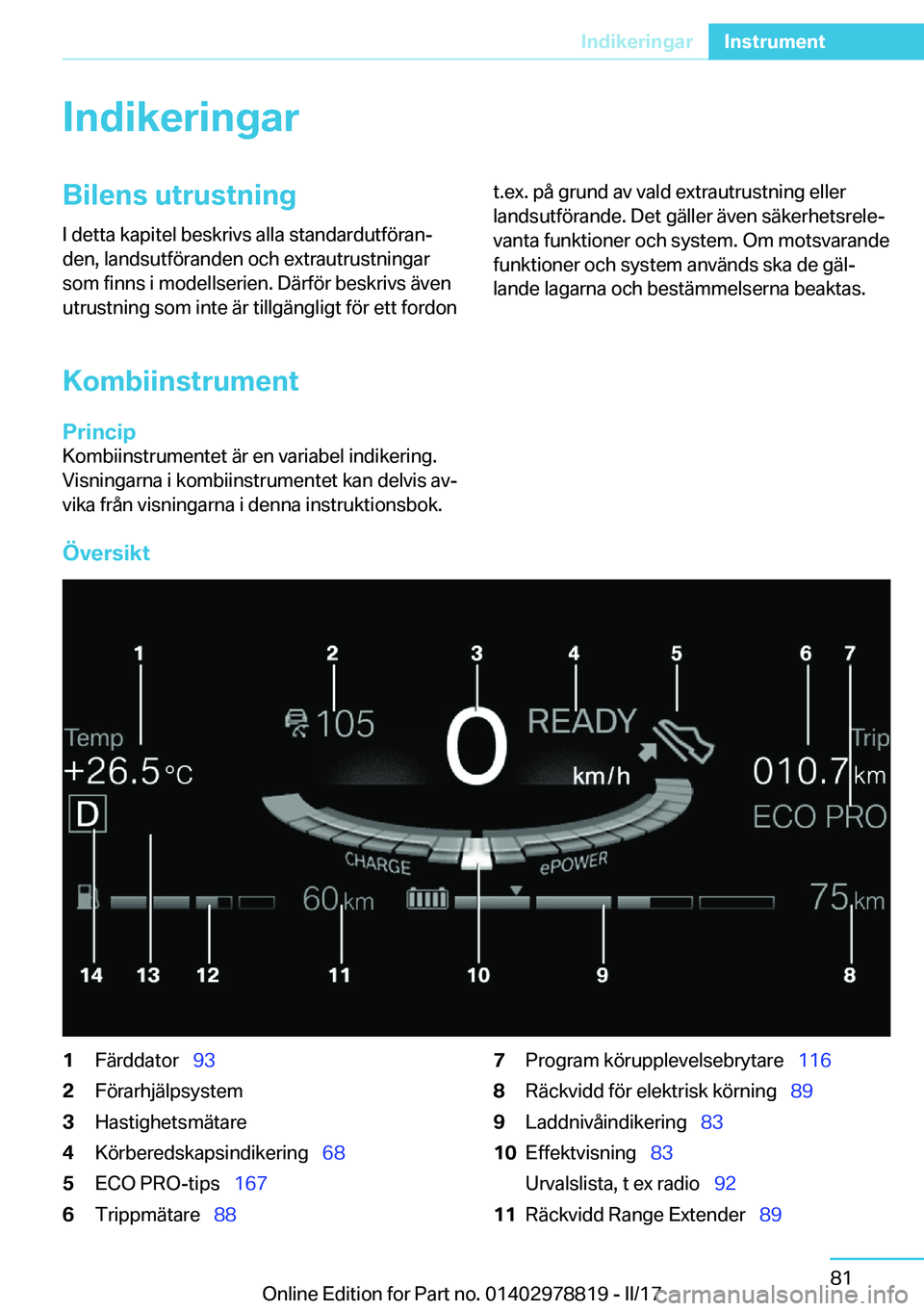 BMW I3 2017  InstruktionsbÖcker (in Swedish) �I�n�d�i�k�e�r�i�n�g�a�r�B�i�l�e�n�s��u�t�r�u�s�t�n�i�n�g�I� �d�e�t�t�a� �k�a�p�i�t�e�l� �b�e�s�k�r�i�v�s� �a�l�l�a� �s�t�a�n�d�a�r�d�u�t�f�