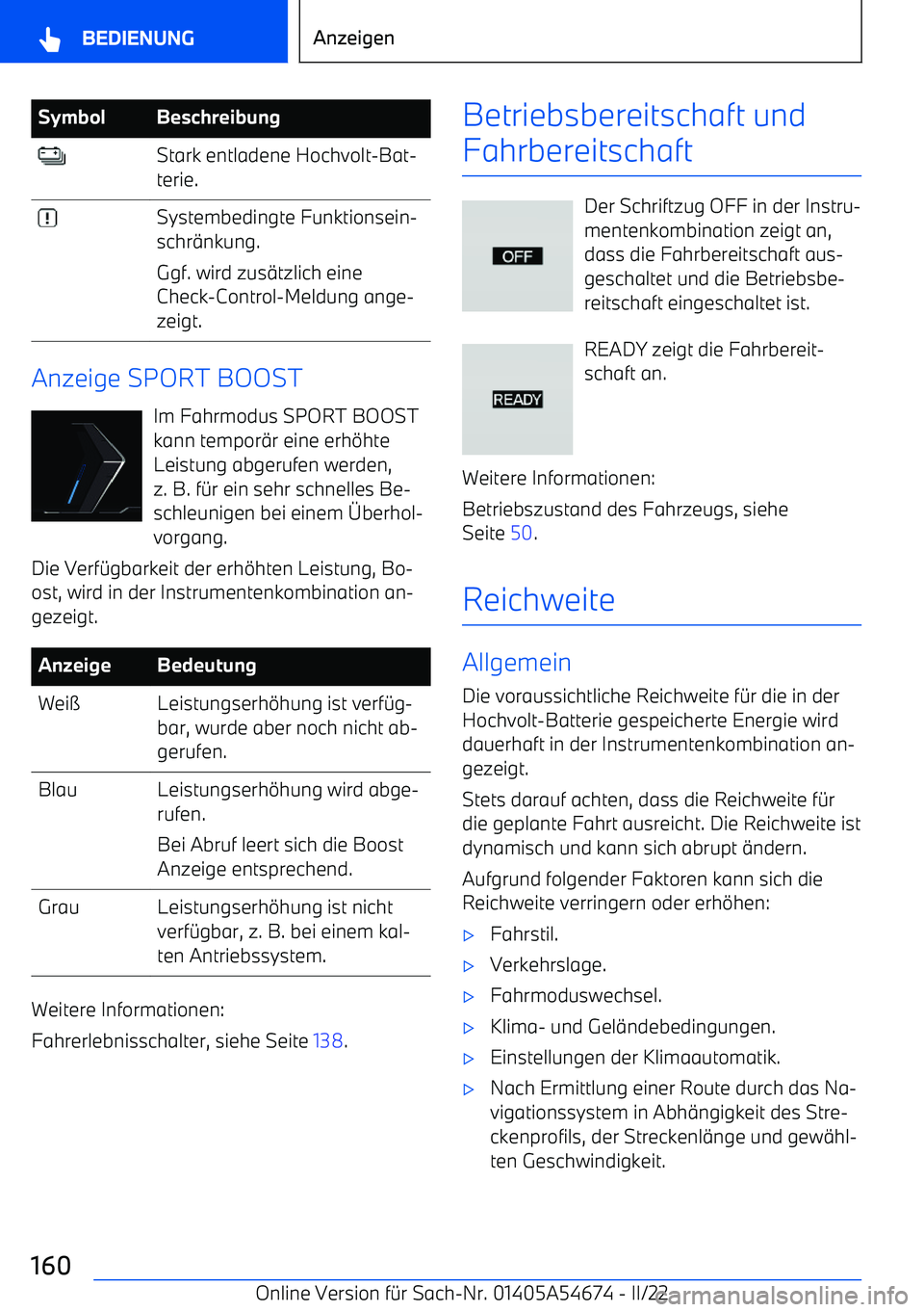 BMW I4 2022  Betriebsanleitungen (in German) SymbolBeschreibungStark entladene Hochvolt