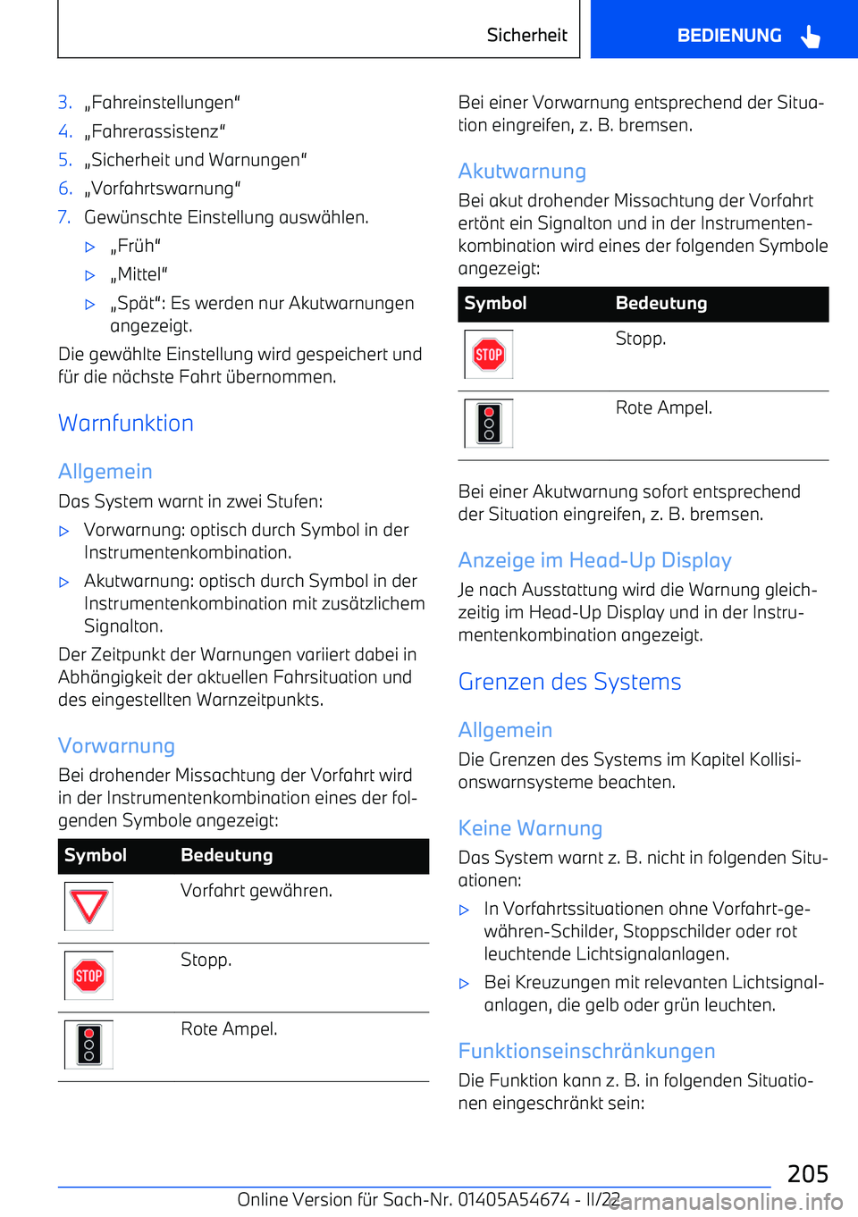 BMW I4 2022  Betriebsanleitungen (in German) 3.(Fahreinstellungen 54.(Fahrerassistenz 55.(Sicherheit und Warnungen 56.(Vorfahrtswarnung 57.Gew