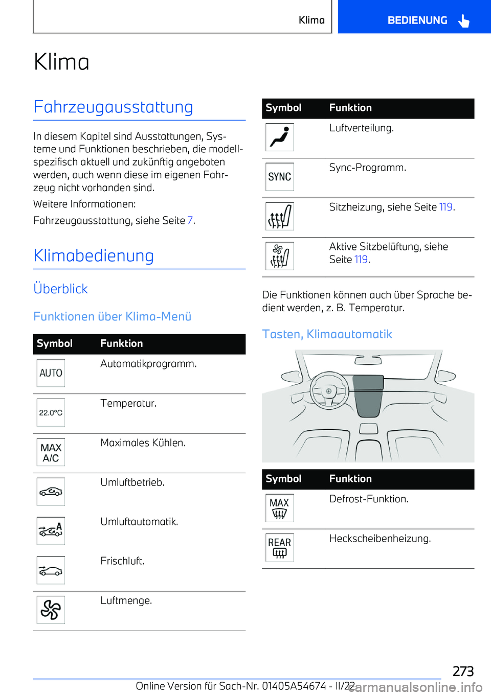 BMW I4 2022  Betriebsanleitungen (in German) KlimaFahrzeugausstattung
In diesem Kapitel sind Ausstattungen, Sys