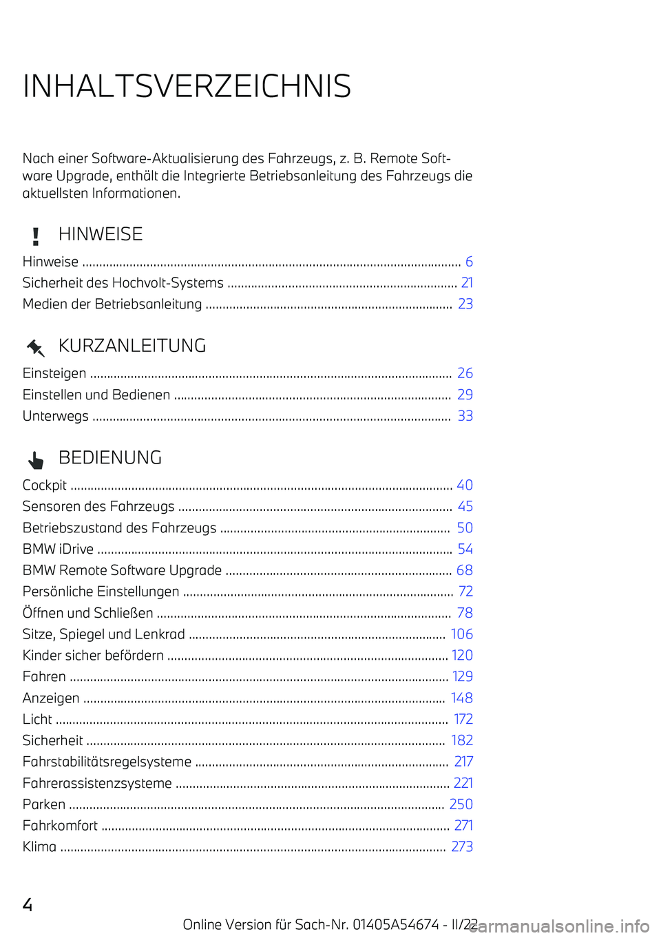 BMW I4 2022  Betriebsanleitungen (in German) INHALTSVERZEICHNISNach einer Software