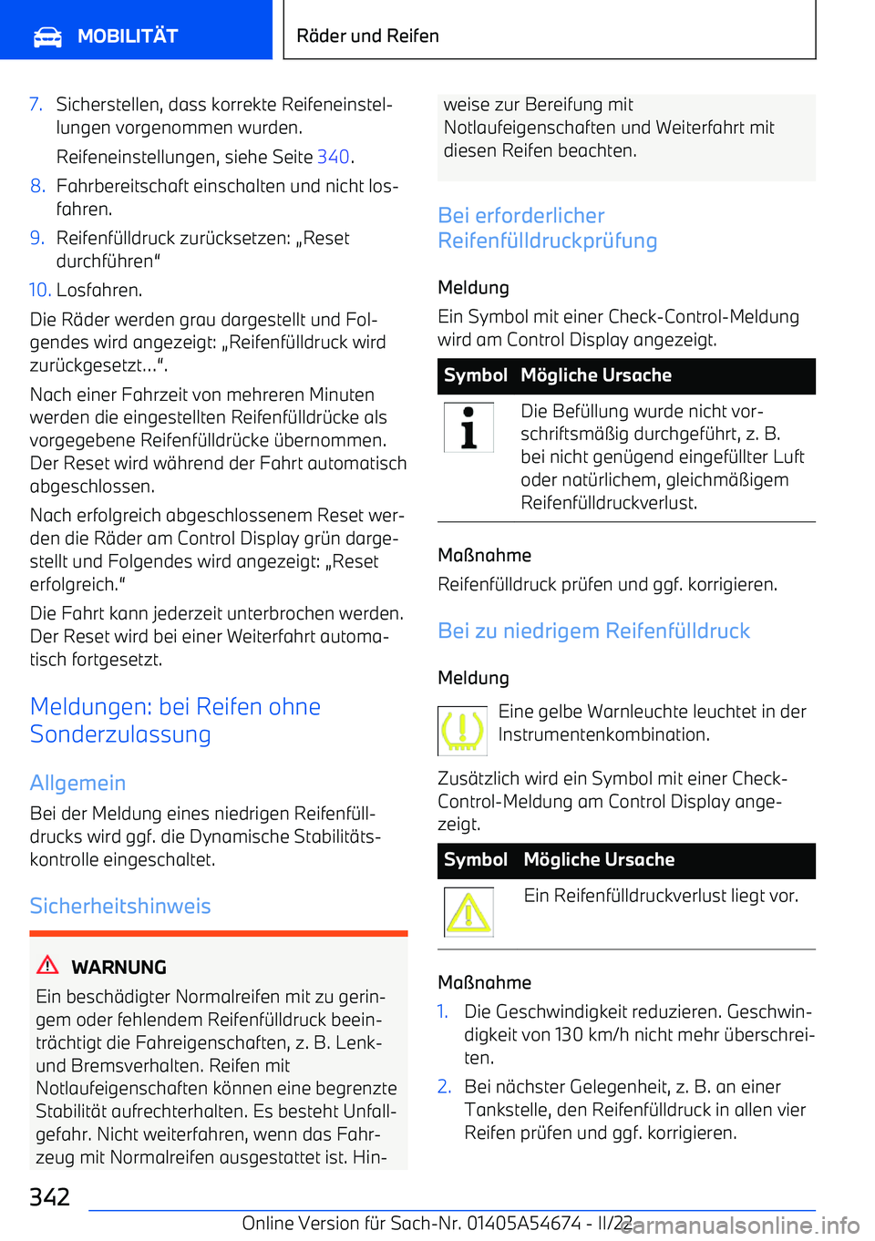 BMW I4 2022  Betriebsanleitungen (in German) 7.Sicherstellen, dass korrekte Reifeneinstel