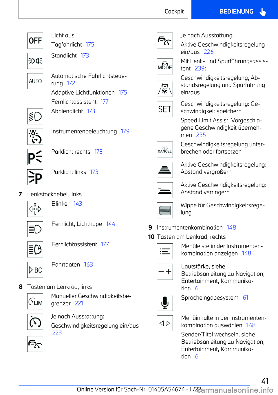 BMW I4 2022  Betriebsanleitungen (in German) Licht aus
Tagfahrlicht    175Standlicht   173Automatische Fahrlichtsteue