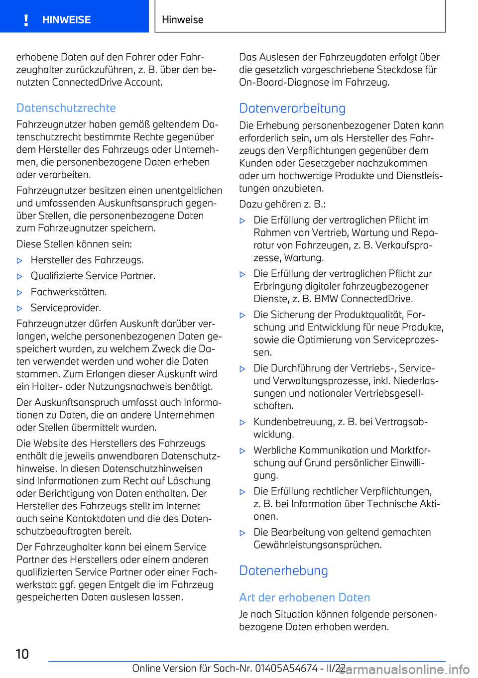 BMW I4 2022  Betriebsanleitungen (in German) erhobene Daten auf den Fahrer oder Fahr