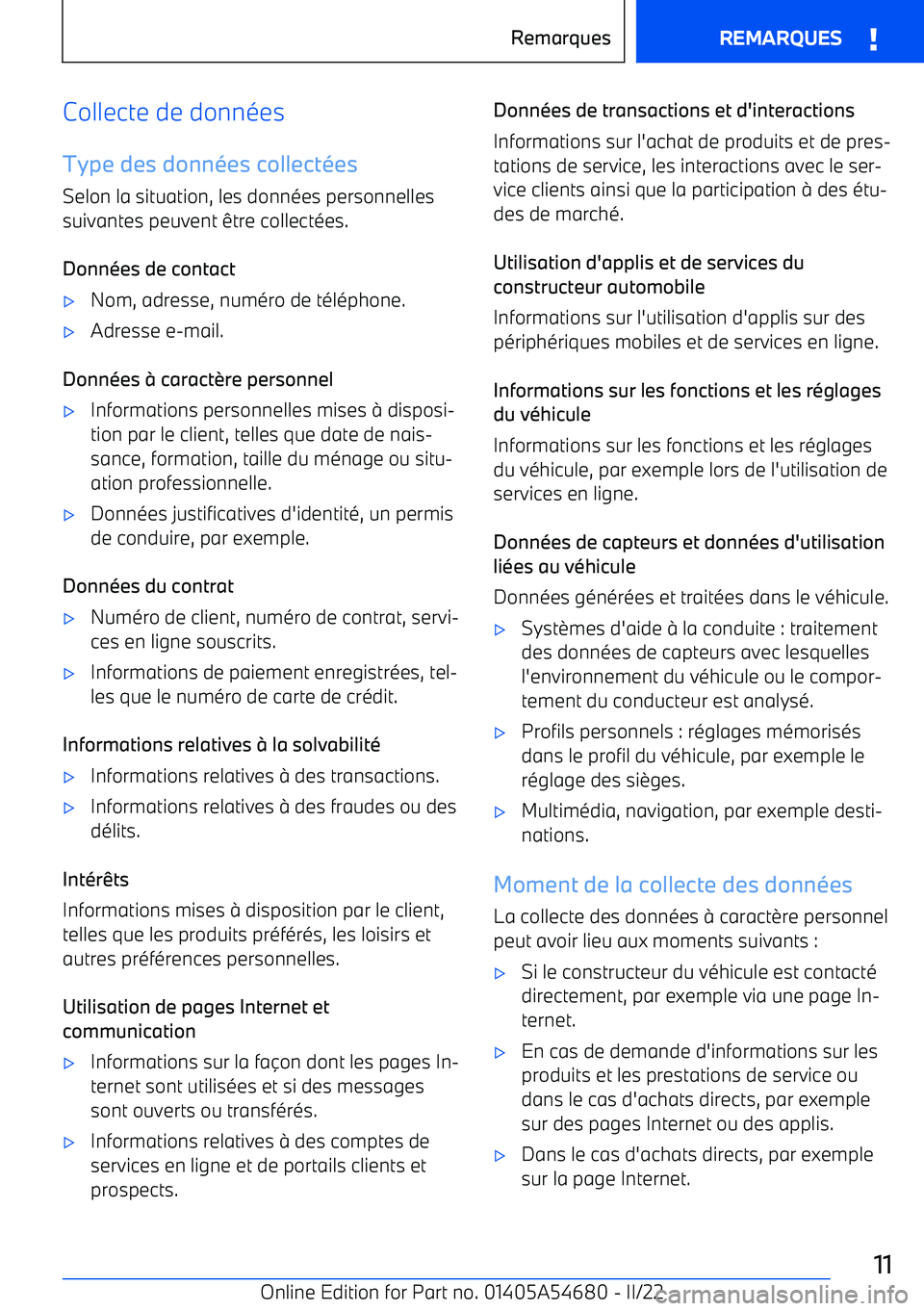 BMW I4 2022 Notices Demploi (in French) Collecte de donn BMW I4 2022 Notices Demploi (in French) Collecte de donn