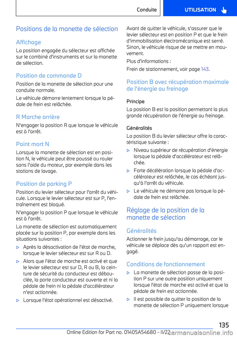 BMW I4 2022  Notices Demploi (in French) Positions de la manette de s