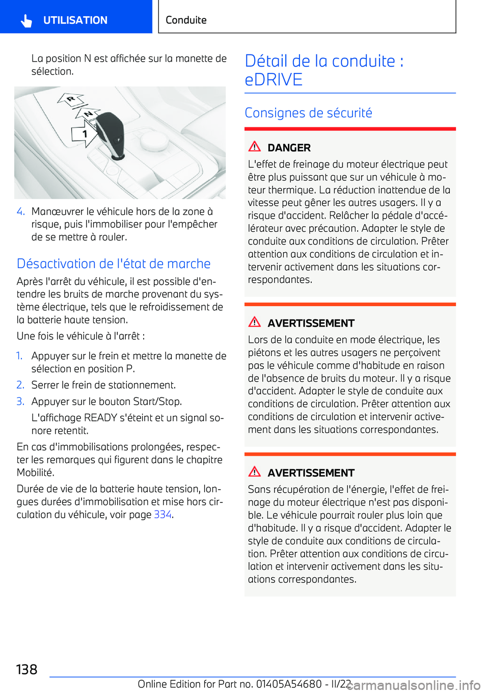 BMW I4 2022  Notices Demploi (in French) La position N est affich