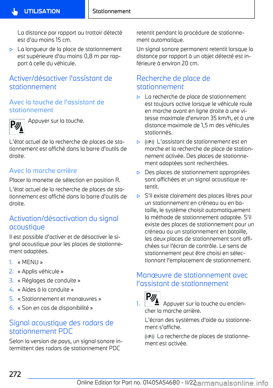 BMW I4 2022 Notices Demploi (in French) La distance par rapport au trottoir d BMW I4 2022 Notices Demploi (in French) La distance par rapport au trottoir d