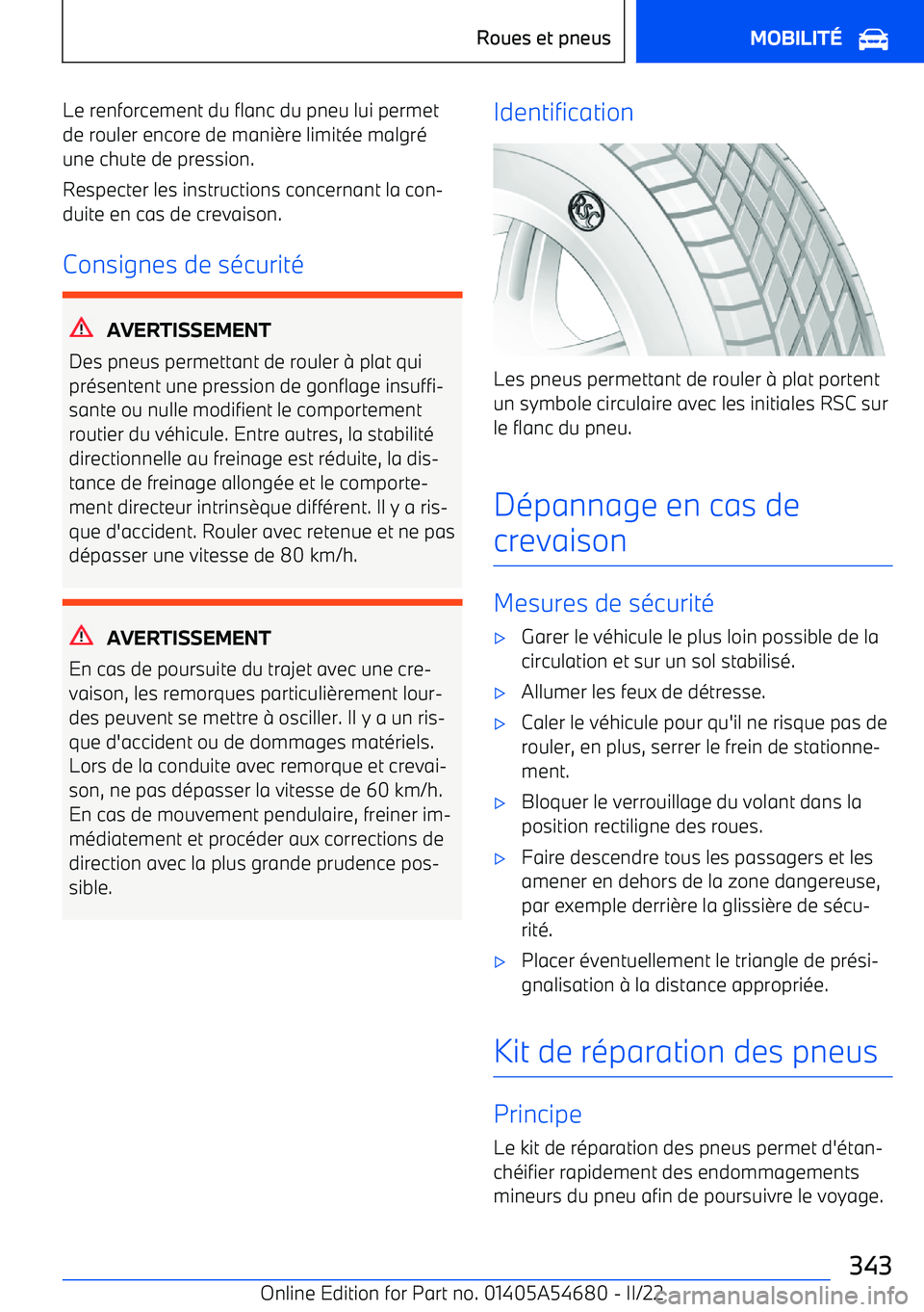 BMW I4 2022 Notices Demploi (in French) Le renforcement du flanc du pneu lui permetde rouler encore de mani BMW I4 2022 Notices Demploi (in French) Le renforcement du flanc du pneu lui permetde rouler encore de mani