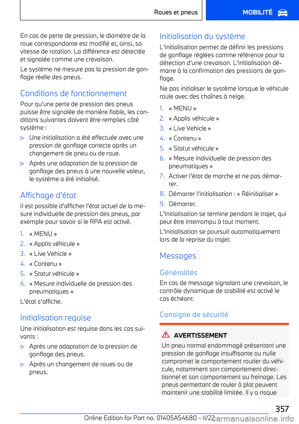 BMW I4 2022 Notices Demploi (in French) En cas de perte de pression, le diam BMW I4 2022 Notices Demploi (in French) En cas de perte de pression, le diam