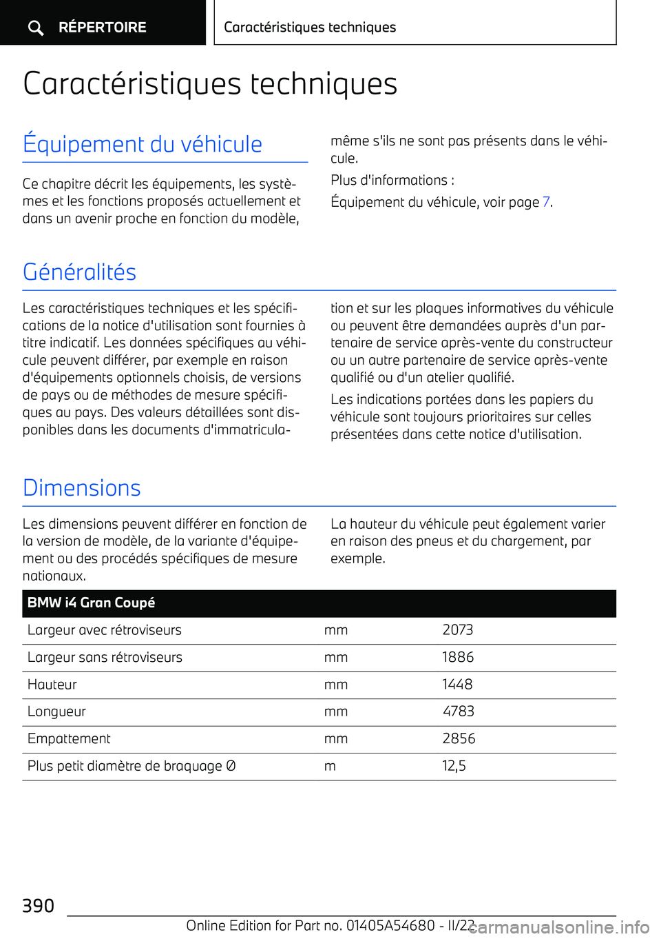 BMW I4 2022 Notices Demploi (in French) Caract BMW I4 2022 Notices Demploi (in French) Caract