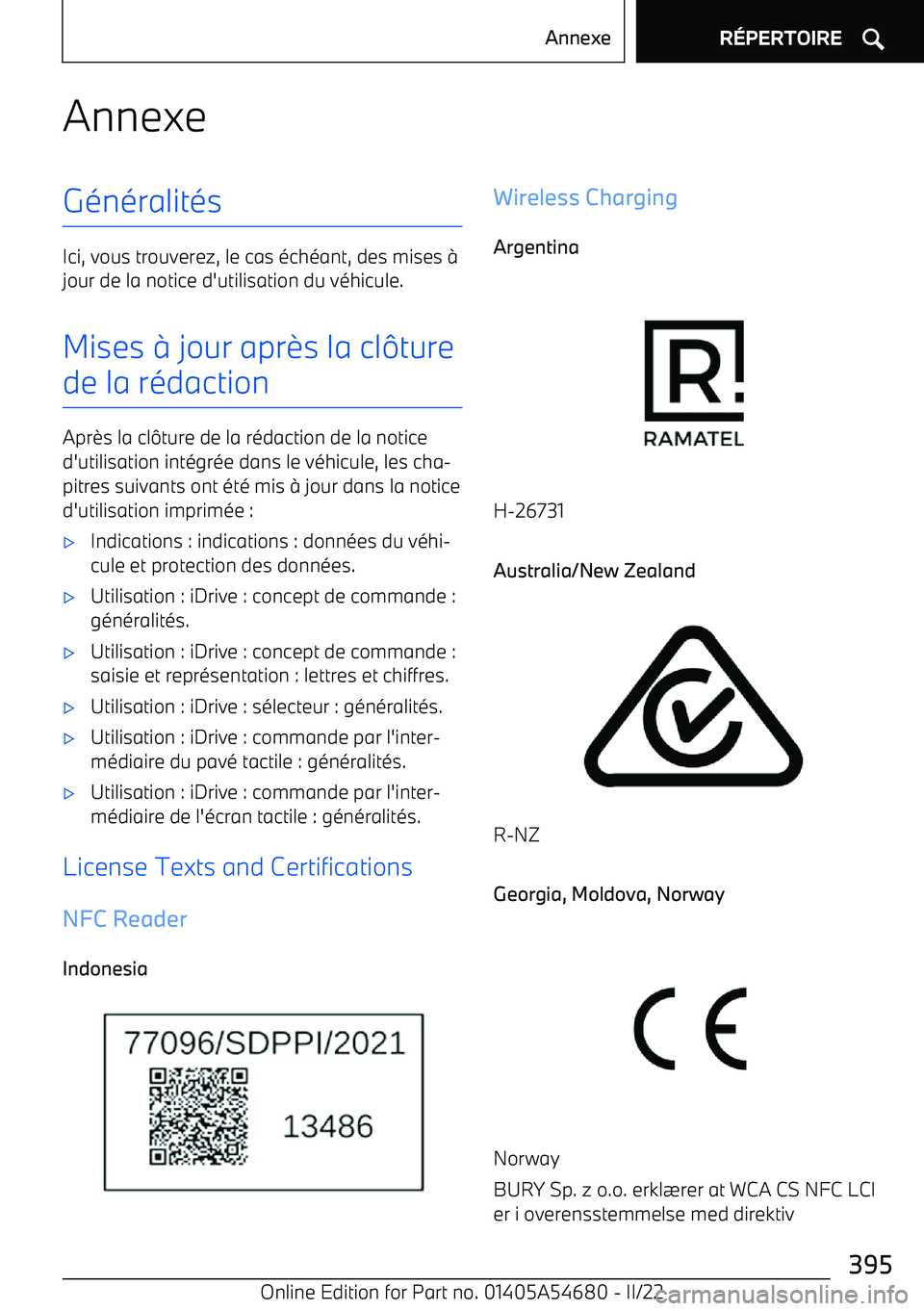 BMW I4 2022 Notices Demploi (in French) AnnexeG BMW I4 2022 Notices Demploi (in French) AnnexeG