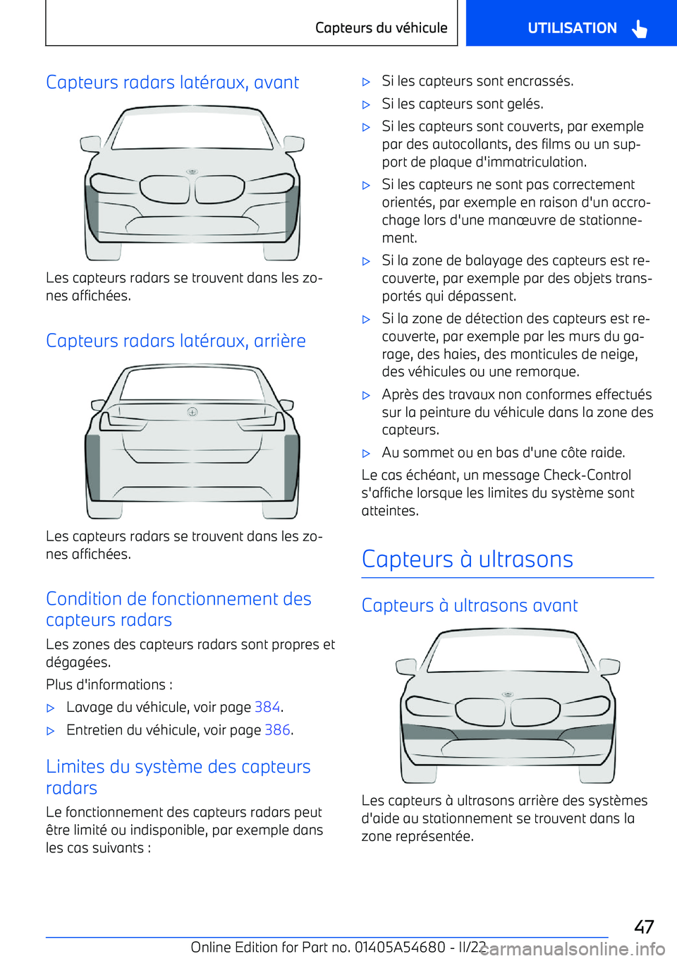 BMW I4 2022 Notices Demploi (in French) Capteurs radars lat BMW I4 2022 Notices Demploi (in French) Capteurs radars lat