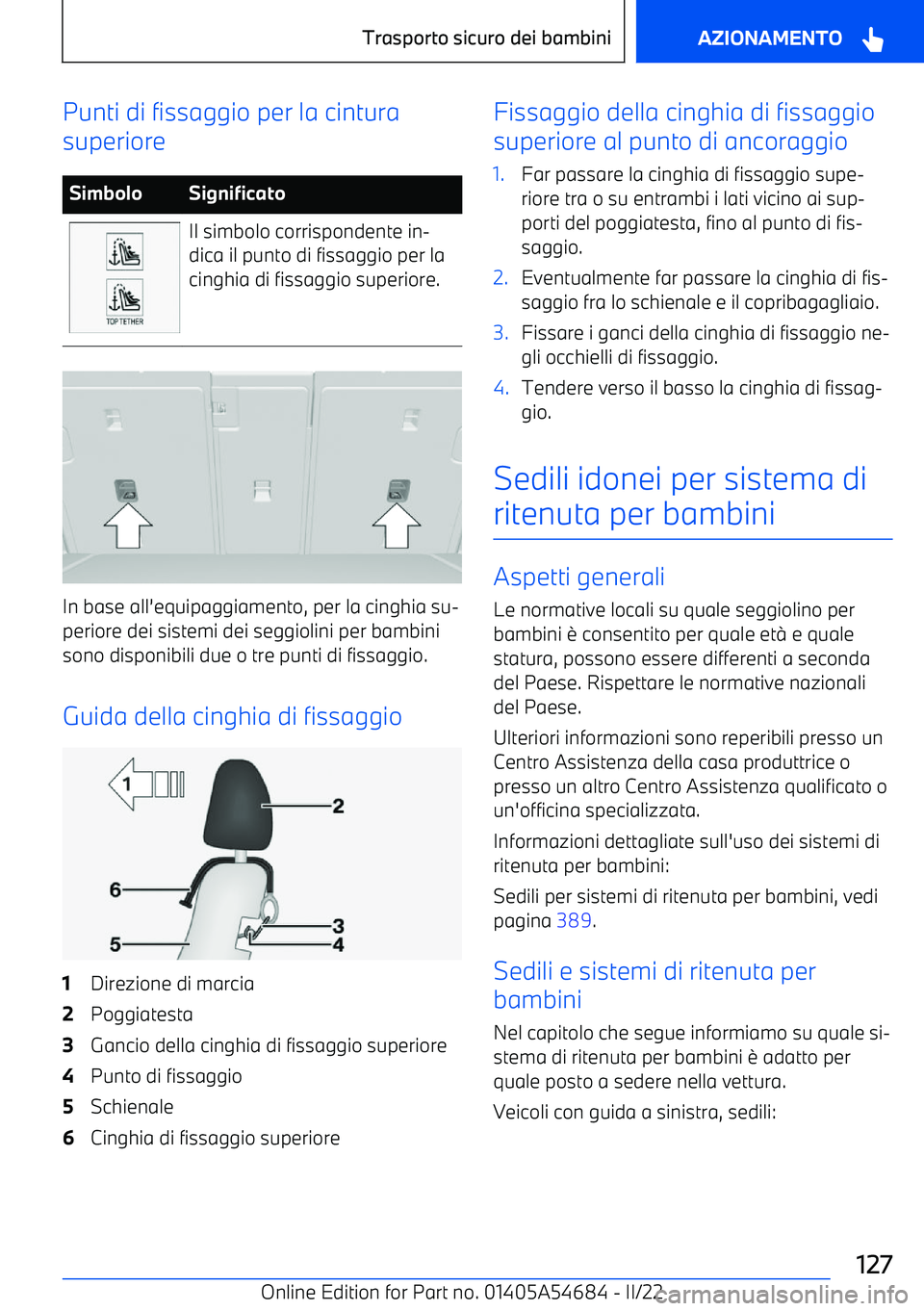 BMW I4 2022  Libretti Di Uso E manutenzione (in Italian) Punti di fissaggio per la cintura
superioreSimboloSignificatoIl simbolo corrispondente in