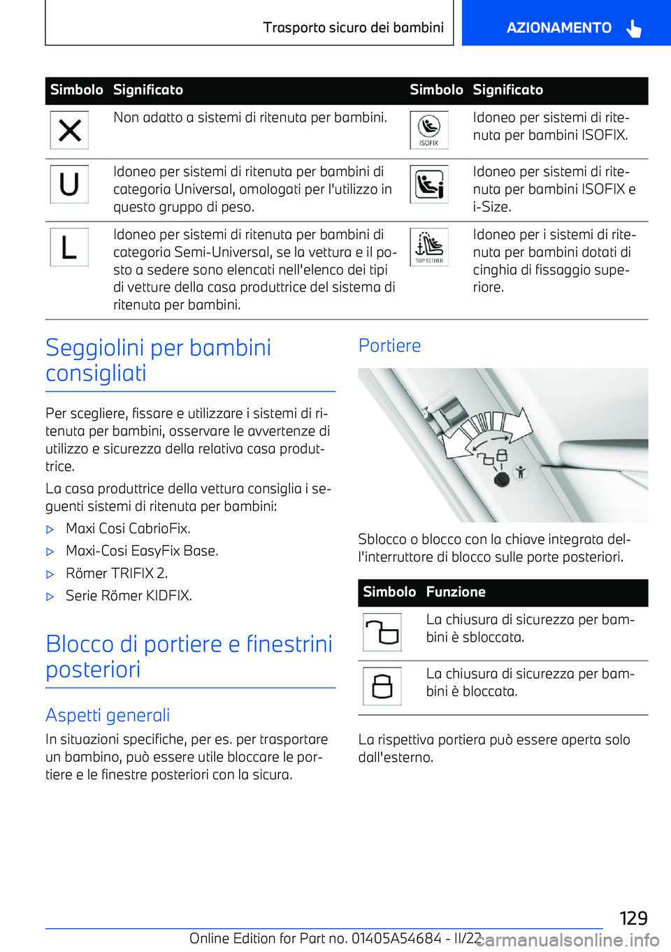 BMW I4 2022  Libretti Di Uso E manutenzione (in Italian) SimboloSignificatoSimboloSignificatoNon adatto a sistemi di ritenuta per bambini.Idoneo per sistemi di rite