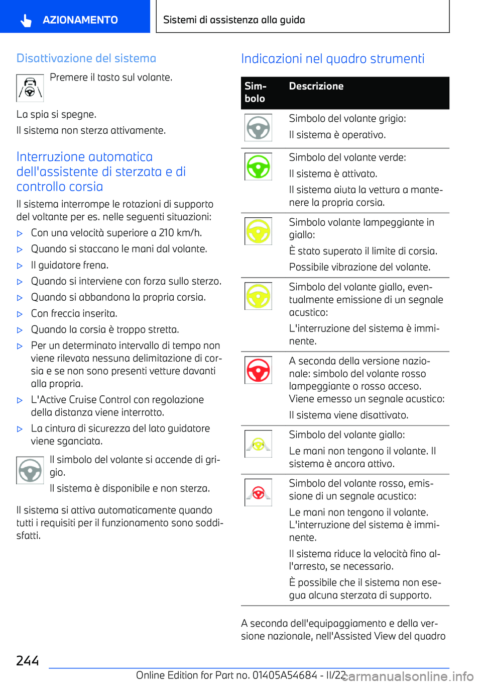 BMW I4 2022 Libretti Di Uso E manutenzione (in Italian) Disattivazione del sistemaPremere il tasto sul volante.
La spia si spegne.
Il sistema non sterza attivamente.
Interruzione automatica
dell BMW I4 2022 Libretti Di Uso E manutenzione (in Italian) Disattivazione del sistemaPremere il tasto sul volante.
La spia si spegne.
Il sistema non sterza attivamente.
Interruzione automatica
dell