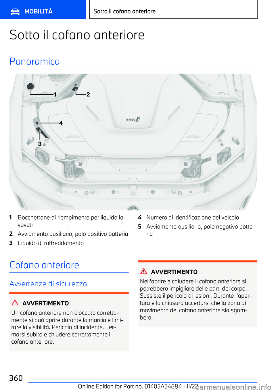 BMW I4 2022  Libretti Di Uso E manutenzione (in Italian) Sotto il cofano anteriorePanoramica1Bocchettone di riempimento per liquido la