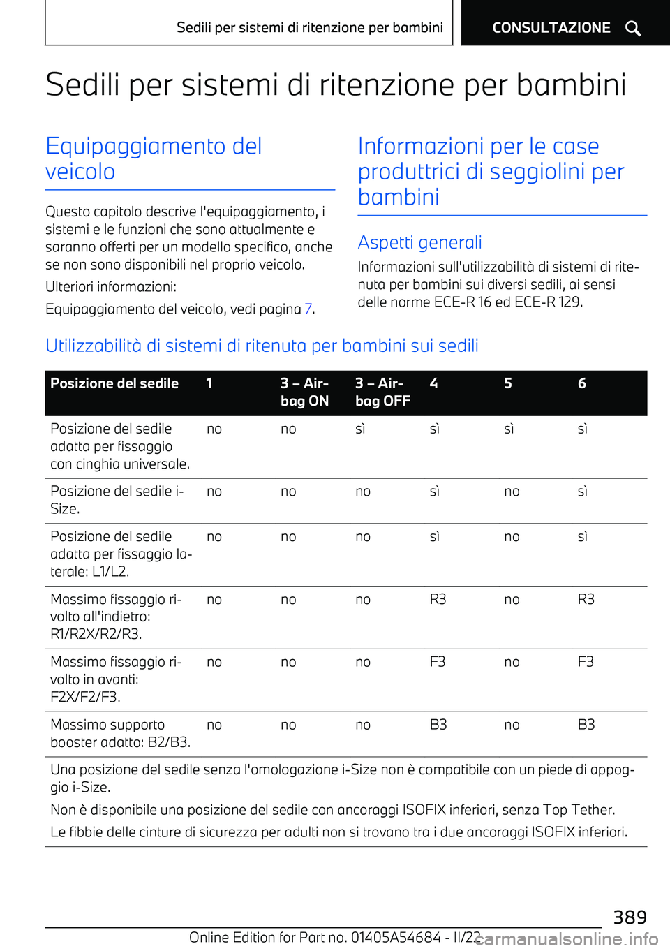 BMW I4 2022  Libretti Di Uso E manutenzione (in Italian) Sedili per sistemi di ritenzione per bambiniEquipaggiamento del
veicolo
Questo capitolo descrive l