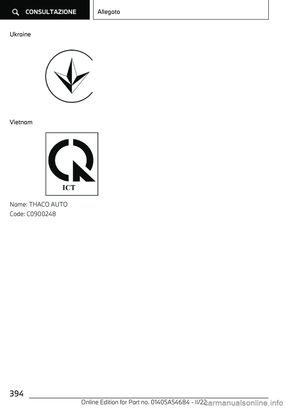 BMW I4 2022  Libretti Di Uso E manutenzione (in Italian) Ukraine
Vietnam
Name: THACO AUTO
Code: C0900248
Seite 394CONSULTAZIONEAllegato394
Online Edition for Part no. 01405A54684 
