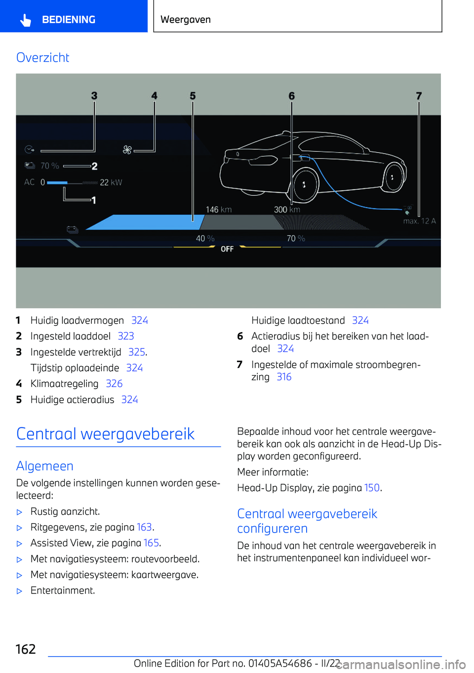 BMW I4 2022  Instructieboekjes (in Dutch) Overzicht1Huidig laadvermogen   3242Ingesteld laaddoel   3233Ingestelde vertrektijd    325.
Tijdstip oplaadeinde    3244Klimaatregeling   3265Huidige actieradius    324Huidige laadtoestand    3246Acti