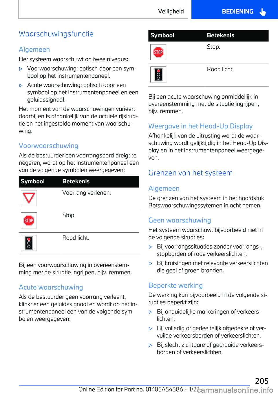 BMW I4 2022 Instructieboekjes (in Dutch) WaarschuwingsfunctieAlgemeenHet systeem waarschuwt op twee niveaus: BMW I4 2022 Instructieboekjes (in Dutch) WaarschuwingsfunctieAlgemeenHet systeem waarschuwt op twee niveaus: