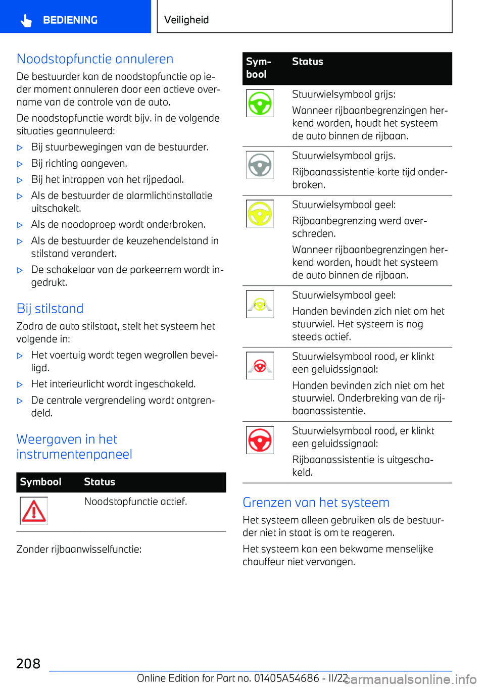 BMW I4 2022  Instructieboekjes (in Dutch) Noodstopfunctie annulerenDe bestuurder kan de noodstopfunctie op ie