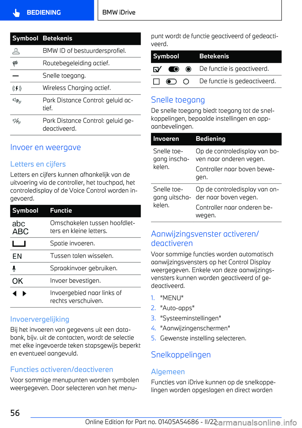 BMW I4 2022  Instructieboekjes (in Dutch) SymboolBetekenis BMW ID of bestuurdersprofiel. Routebegeleiding actief. Snelle toegang. Wireless Charging actief. Park Distance Control: geluid ac