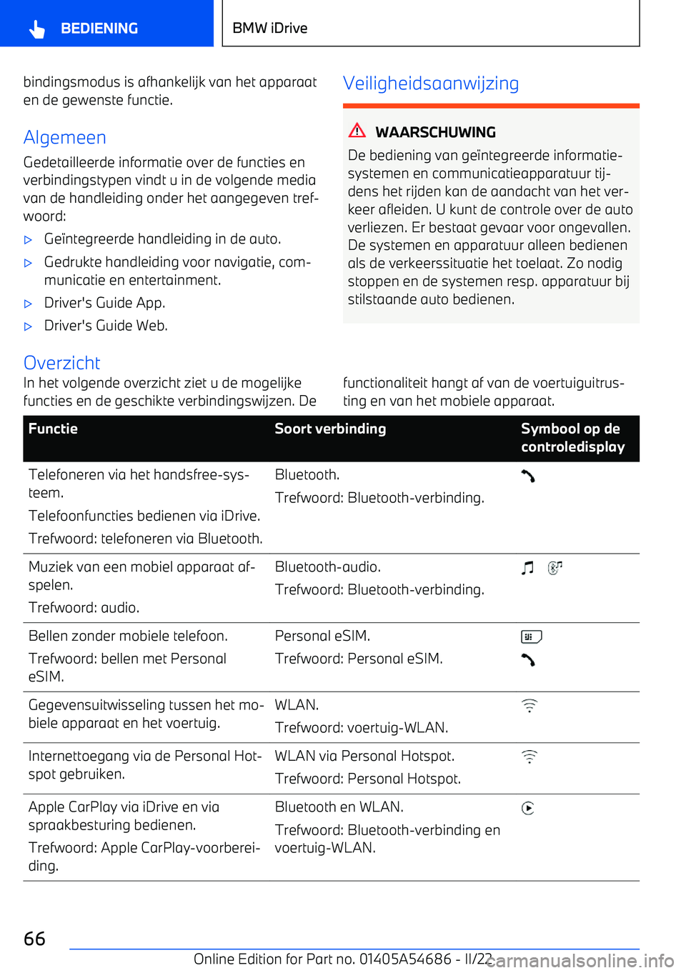 BMW I4 2022 Instructieboekjes (in Dutch) bindingsmodus is afhankelijk van het apparaaten de gewenste functie.
Algemeen
Gedetailleerde informatie over de functies en
verbindingstypen vindt u in de volgende media van de handleiding onder het a BMW I4 2022 Instructieboekjes (in Dutch) bindingsmodus is afhankelijk van het apparaaten de gewenste functie.
Algemeen
Gedetailleerde informatie over de functies en
verbindingstypen vindt u in de volgende media van de handleiding onder het a