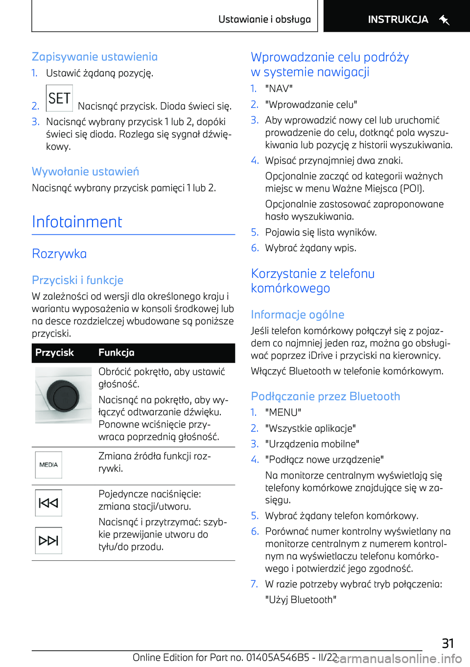 BMW I4 2022  Instrukcja obsługi (in Polish) Zapisywanie ustawienia1.Ustawi