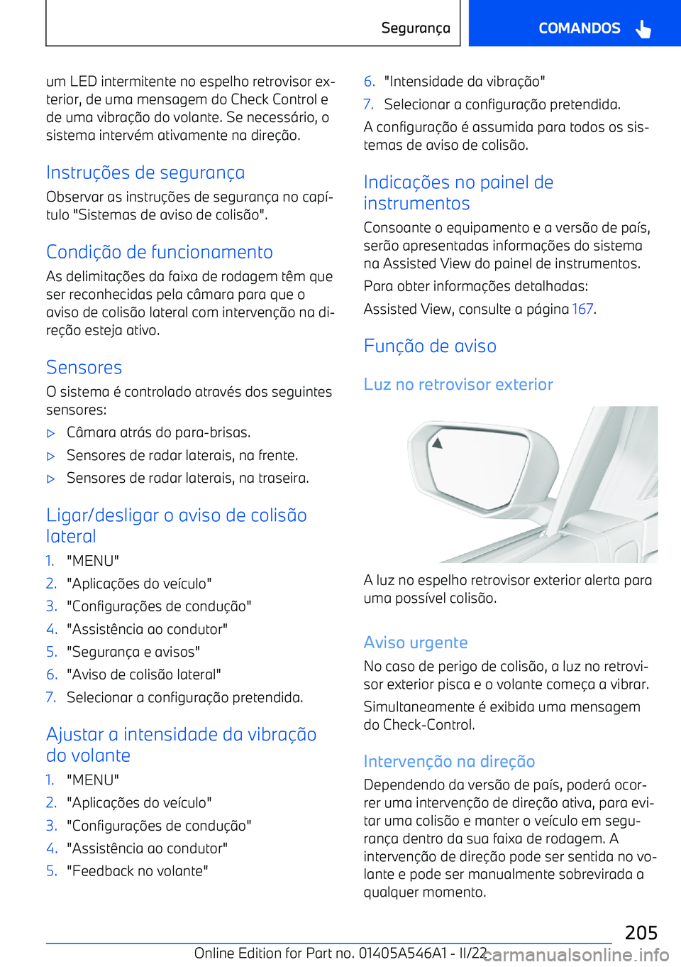BMW I4 2022  Manual do condutor (in Portuguese) um LED intermitente no espelho retrovisor ex