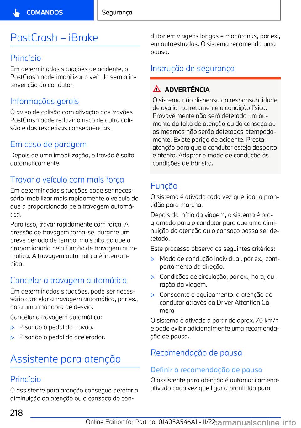 BMW I4 2022  Manual do condutor (in Portuguese) PostCrash 