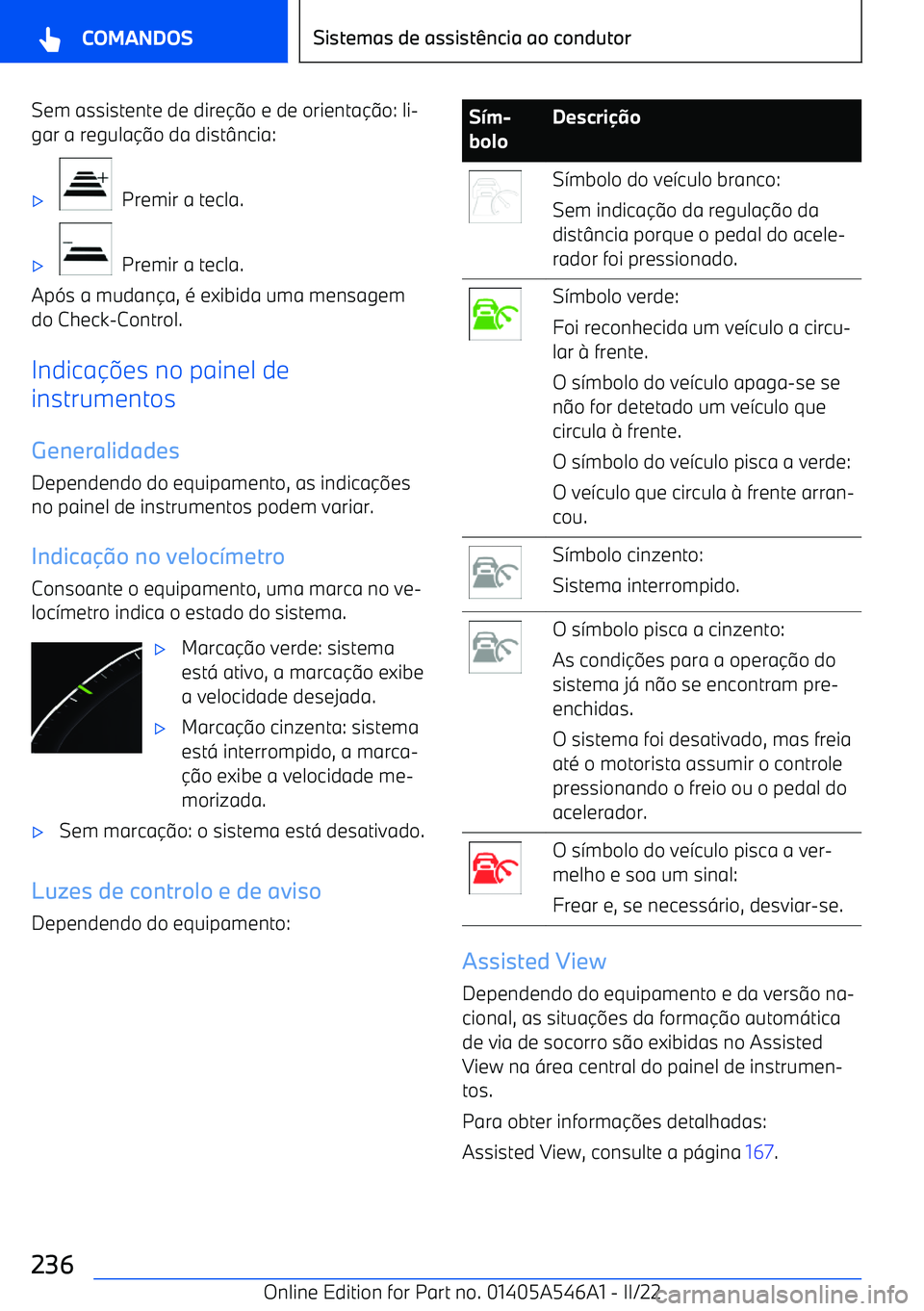 BMW I4 2022  Manual do condutor (in Portuguese) Sem assistente de direo e de orienta o: li