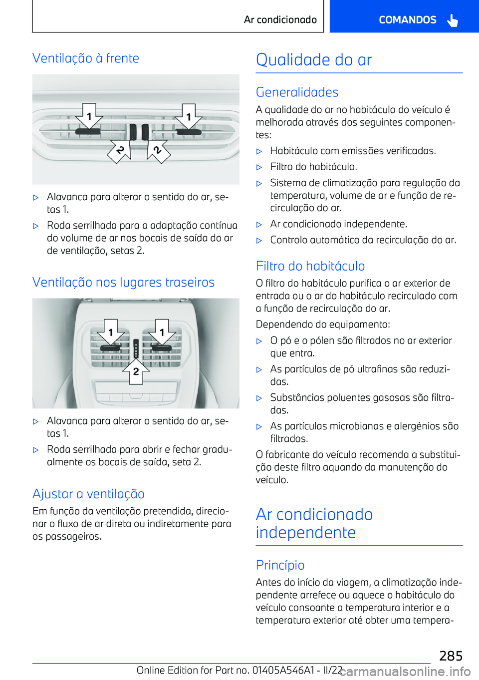 BMW I4 2022  Manual do condutor (in Portuguese) Ventilao 