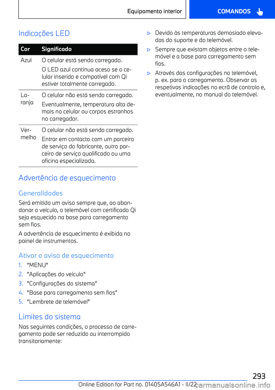 BMW I4 2022  Manual do condutor (in Portuguese) Indicaes LEDCorSignificadoAzulO celular est